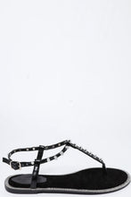 Load image into Gallery viewer, Studded T-Bar Black Flat Sandals-SinglePrice