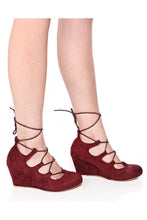 Load image into Gallery viewer, Maroon Lace Up Suede Wedges-SinglePrice