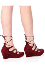 Load image into Gallery viewer, Maroon Lace Up Suede Wedges-SinglePrice