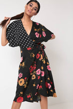 Load image into Gallery viewer, Black Mix Print Wrap Dress
