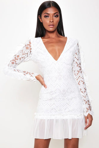 Cream Lace And Mesh Tiered Dress
