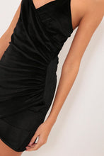 Load image into Gallery viewer, Black Strappy Velvet Ruched Wrap Dress
