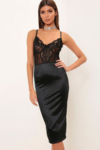 Load image into Gallery viewer, Black Lace Bustier Midi Dress