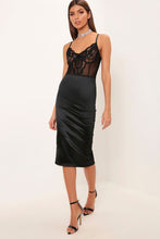 Load image into Gallery viewer, Black Lace Bustier Midi Dress