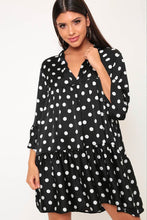 Load image into Gallery viewer, Black/White Polka Dot Satin Smock Dress