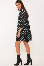 Load image into Gallery viewer, Black/White Polka Dot Satin Smock Dress