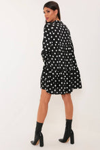 Load image into Gallery viewer, Black/White Polka Dot Satin Smock Dress