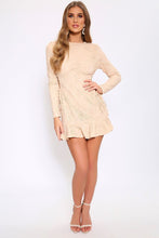Load image into Gallery viewer, Nude Crochet Lace Up Side Mini Dress With Frill Hem