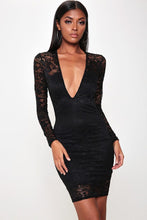 Load image into Gallery viewer, Black Lace Plunge Neck Mini Dress