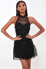 Load image into Gallery viewer, Black Floral Crochet Lace Halterneck Mini Dress