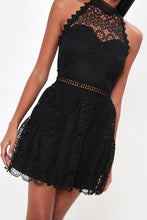 Load image into Gallery viewer, Black Floral Crochet Lace Halterneck Mini Dress
