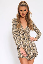 Load image into Gallery viewer, Beige Snake Print Tie Waist Wrap Dress