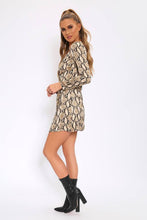 Load image into Gallery viewer, Beige Snake Print Tie Waist Wrap Dress