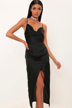Load image into Gallery viewer, Black Satin Cowl Neck Maxi Dress