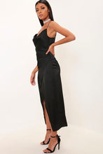 Load image into Gallery viewer, Black Satin Cowl Neck Maxi Dress
