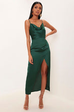 Load image into Gallery viewer, Emerald Satin Cowl Neck Maxi Dress