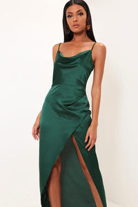 Emerald Satin Cowl Neck Maxi Dress