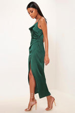 Load image into Gallery viewer, Emerald Satin Cowl Neck Maxi Dress