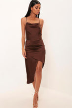 Load image into Gallery viewer, Chocolate Backless Cowl Neck Satin Midi Dress
