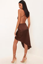 Load image into Gallery viewer, Chocolate Backless Cowl Neck Satin Midi Dress