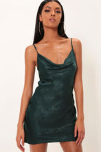 Load image into Gallery viewer, Emerald Cowl Neck Satin Mini Dress