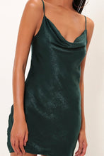 Load image into Gallery viewer, Emerald Cowl Neck Satin Mini Dress