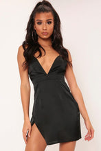 Load image into Gallery viewer, Black Satin Strappy Plunge Mini Dress