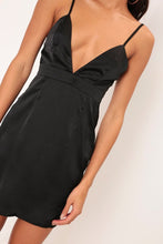 Load image into Gallery viewer, Black Satin Strappy Plunge Mini Dress