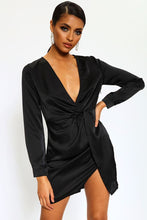 Load image into Gallery viewer, Black Satin Twist Front Long Sleeve Mini Dress