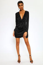 Load image into Gallery viewer, Black Satin Twist Front Long Sleeve Mini Dress