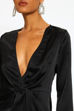 Load image into Gallery viewer, Black Satin Twist Front Long Sleeve Mini Dress