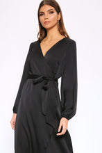 Load image into Gallery viewer, Black Satin Wrap Maxi Dress