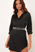 Load image into Gallery viewer, Black Satin Shirt Dress