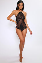 Load image into Gallery viewer, Black Halterneck Tie Up Back Sheer Lace Bodysuit