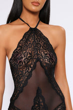 Load image into Gallery viewer, Black Halterneck Tie Up Back Sheer Lace Bodysuit