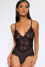 Load image into Gallery viewer, Black Floral &amp; Geo Sheer Lace Plunge Bodysuit