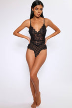 Load image into Gallery viewer, Black Floral &amp; Geo Sheer Lace Plunge Bodysuit