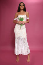 Load image into Gallery viewer, Cream Bardot Lace Fishtail Maxi Dress