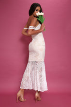 Load image into Gallery viewer, Cream Bardot Lace Fishtail Maxi Dress