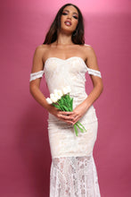Load image into Gallery viewer, Cream Bardot Lace Fishtail Maxi Dress