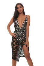 Load image into Gallery viewer, Black Crochet Lace Plunge Midi Dress