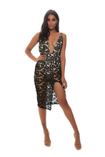 Load image into Gallery viewer, Black Crochet Lace Plunge Midi Dress