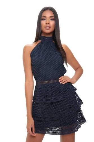 Navy Frill Crochet Lace Open Back Dress