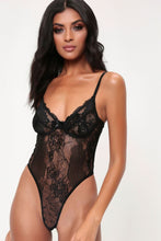 Load image into Gallery viewer, Black Floral &amp; Stripe Lace Bodysuit