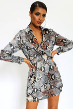 Load image into Gallery viewer, Grey Snake Printed Satin Collar Shirt Dress