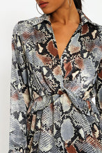 Load image into Gallery viewer, Grey Snake Printed Satin Collar Shirt Dress