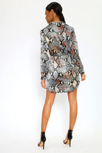Load image into Gallery viewer, Grey Snake Printed Satin Collar Shirt Dress