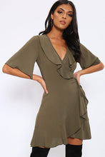 Load image into Gallery viewer, Khaki Ruffle Detail Wrap Mini Dress