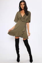 Load image into Gallery viewer, Khaki Ruffle Detail Wrap Mini Dress