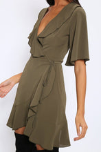 Load image into Gallery viewer, Khaki Ruffle Detail Wrap Mini Dress